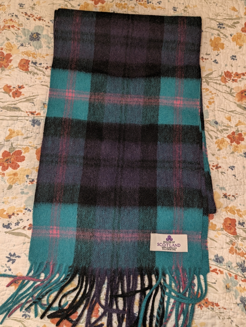 Teal & Black Plaid Wool Scarf